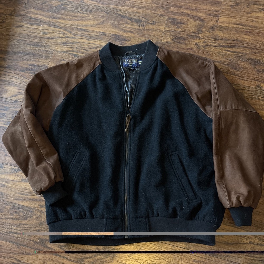 Vintage Duckster Wool Leather Varsity Bomber Jacket Black Brown XXL